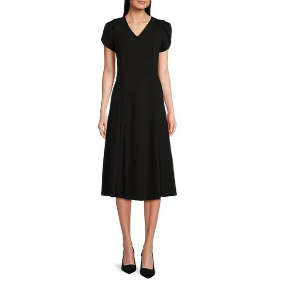 Calvin Klein Scuba Crepe Short Tulip Sleeve V-Neck A-Line Midi Dress Plus 22W - Picture 1 of 12